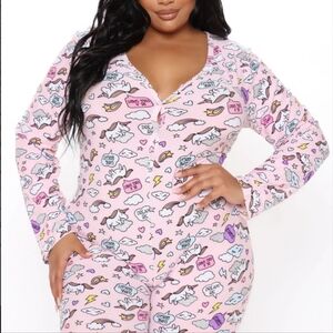 Fashion Nova Miss Unicorn PJ Long Sleeve Romper Onesie Pink Plus Size L